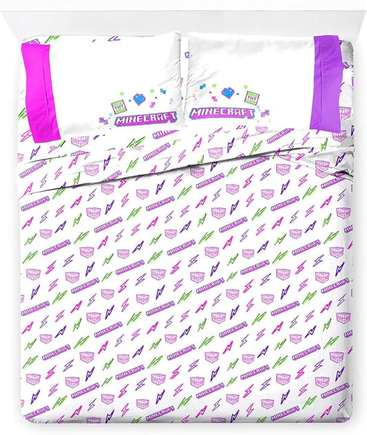 Jay Franco Kids Sheet Set with Fitted, Flat Sheets & Pillow Cover - Ultra-Soft Bedding with Pillowcase for Room Decor, Purple - Minecraft, 4 Piece Full by JayFranco