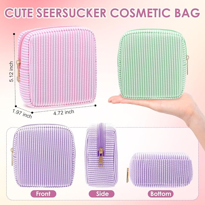 Sanwuta Seersucker Cosmetic Bag Bulk Striped Makeup Bag for Women Aesthetic Cute Travel Toiletry Organizer Preppy Storage Pouch for Wedding Bridesmaid Mother's Day Teacher Gift(Small,Candy Color,9) - Image 2