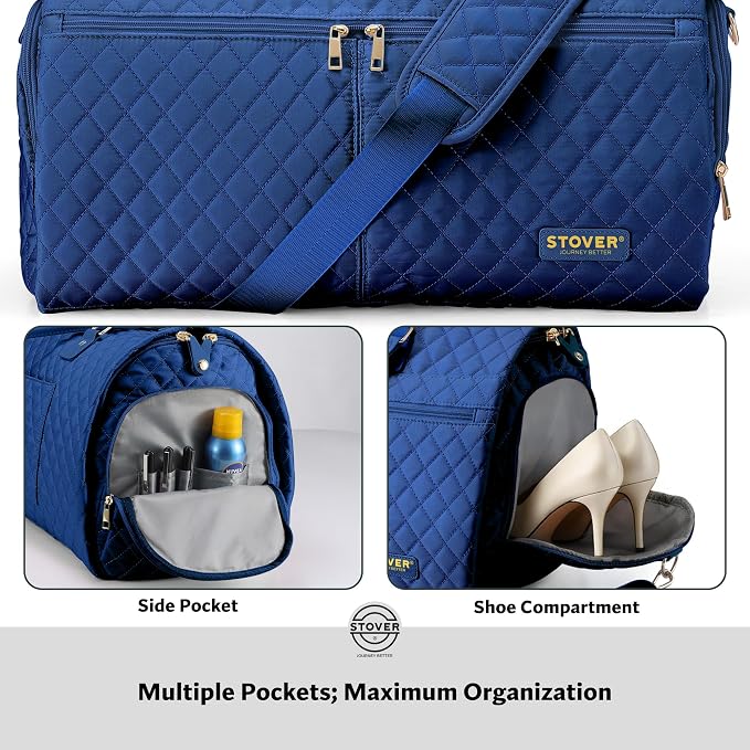 STOVER Women’s Convertible Garment Duffel Bag for Travel – 2-in-1 Carry-On Weekender/Overnight Tote - Wrinkle-Free Dresses, Suits & Clothes + Shoe Compartment & Bonus Toiletry Bag (Sapphire Blue) - Image 5