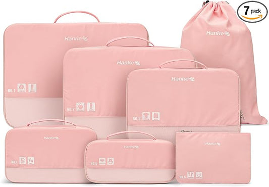 Hanke 7 Piece Expandable Compression Packing Cubes, Premium Travel Packing Organizers for Suitcases/Carry On, Luggage Organizer Bags with Breathable Mesh & Label,Pink by Hanke