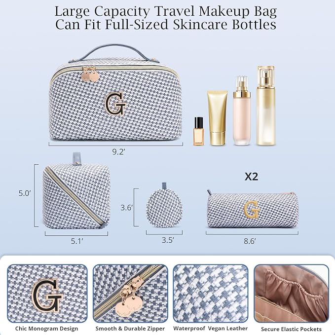 Personalized Gift Travel Makeup Bag: Initial Makeup Organizer Bag for Women | 3-in-1 Custom Make up Bag Set - Vegan Leather Travel Cosmetic Bag - Luxury Gift for Women – Birthday, Anniversary, Graduation - Image 6