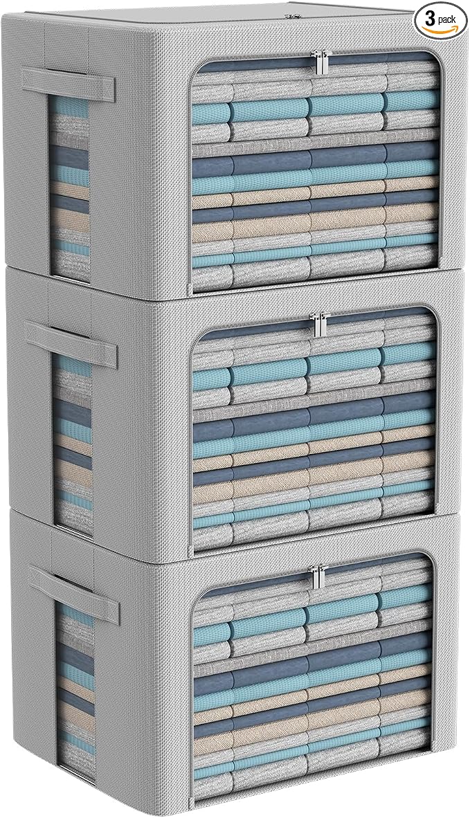 CYhom 3Pack Frame Storage Box - Clothes Storage Bin Bags Oxford Fabric Foldable Stackable Container Organizer Set with Clear Window & Carry Handles Large Capacity (Grey, Large-66L) by CYhom