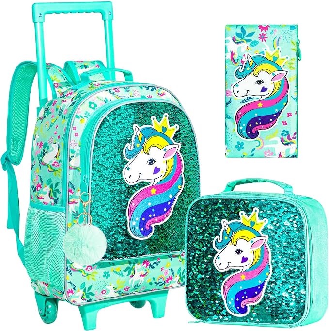 AGSDON 3PCS Rolling Backpack for Girls Boys, Kids Roller Wheels Bookbag, Wheeled School Bag with Lunch Bag by AGSDON