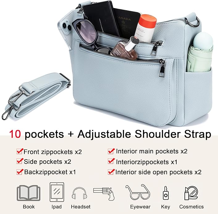 YZAOLL Large Crossbody Shoulder Bag for Women Vegan Leather Tote with Adjustable Wide Strap Work Purse with 10 Pockets