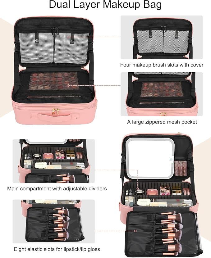 Chomeiu Makeup Bag with LED Mirror, Large Travel Cosmetic Train Case for Women, Makeup Artists Large Organizer Box with Vanity Light Up Mirror, 3 Color Lights, Adjustable Dividers (Pink) - Image 5