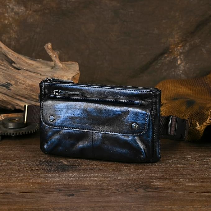 Water Resistant Canvas + Leather Hiking Riding Travel Fanny Waist Pack Small Phone Pouch For Men Women FB811-29 (100% Leather-The 8136 Blue) - Image 4