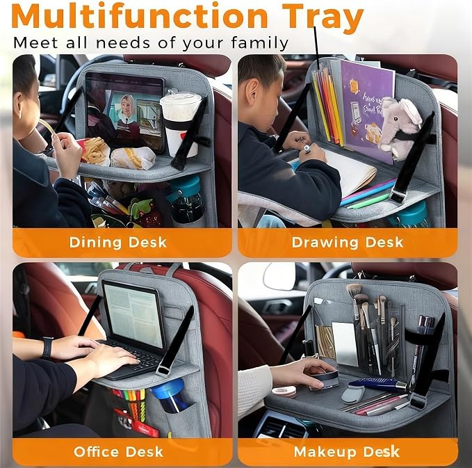 Backseat Car Organizer with Tray, 9 Storage Pockets Back Seat Protector with Foldable Tablet Holder, Waterproof Back of Seat Kick Mats for Kids Adult, Travel Accessories 2 Pack, Gray - Image 5