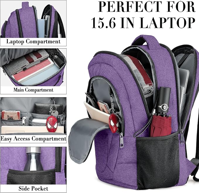 BIKROD Backpack for Men Women, Backpacks for School Teen Boys, Business Anti Theft Slim Sturdy Back Pack, Adult Computer Bag Gift 15.6 IN Laptop, Purple - Image 2