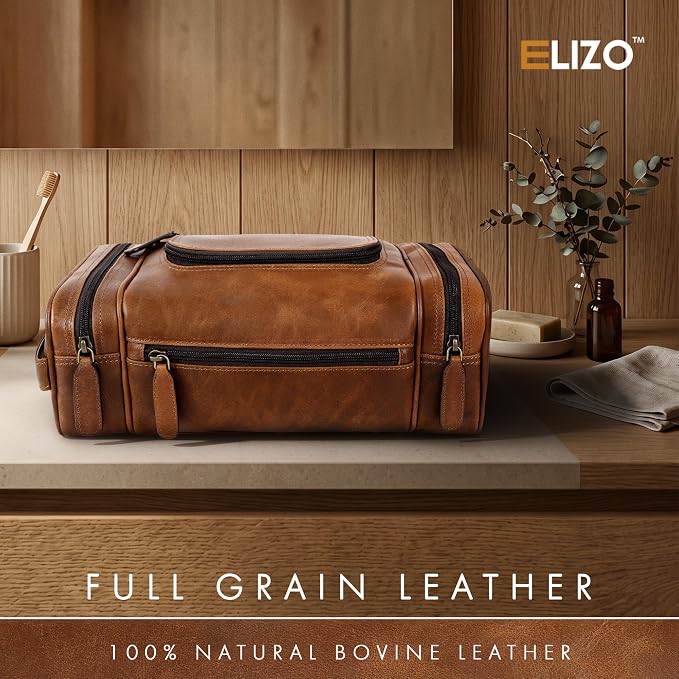 ELIZO Real Leather Toiletry Bag for Men - Extra Large Hanging Travel Organizer for Toiletries, Ideal for Dopp Kit & Shaving Kit for Men, Essential Mens Travel Toiletry Bag for Toiletries (Cognac) - Image 4