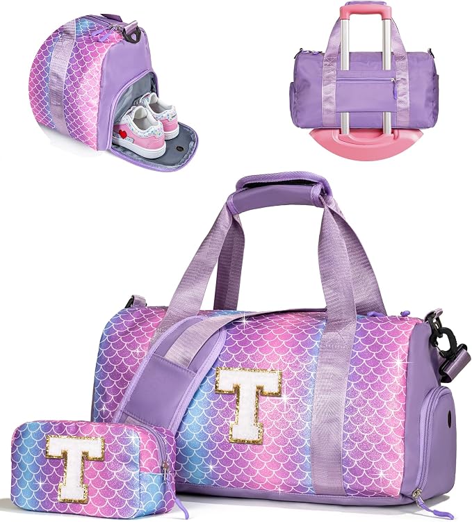 Gifts for 8 Year Old Girls-Girl Gym Bag with Shoe Compartment, Kid Personalized Weekender Overnight Bags, Initial Travel Tote with Makeup Pouch, Gift for 3 4 5 6 7 Year Old Kids (Letter T) by Vogewood