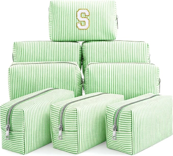Giesiery 8 Pcs Seersucker Makeup Bags Striped Cosmetic Bags Bulk Organizer for Women Preppy Travel Toiletry Pouch for Wedding Bridesmaid Gifts (Green, Medium) by Giesiery