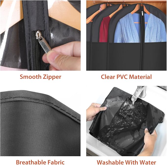 Univivi Long Garment Bags for Hanging Clothes, 54" Dress Bags for Gowns Long for Closet Storage with Large Visible Window for Long Suits, Coats, Dresses, 6 Pack, Black - Image 3