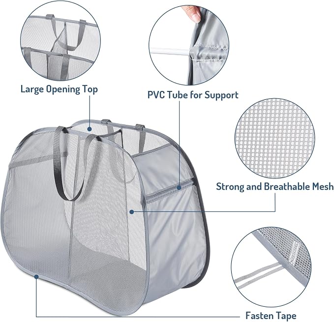 Seiritex Mesh Popup Laundry Hamper 2 Compartment, Collapsible Laundry Sorter Basket Foldable Hamper for Clothes, College Dorm, Travel (Gray) - Image 5