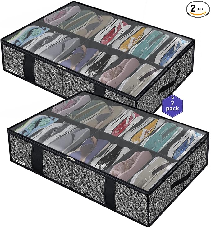 Onlyeasy 2 Pack Under Bed Shoe Storage Organizers with Handles & Clear window (Fit 14 +14 Pairs), Sturdy Underbed Box Organizer Shoe Storage Bags for Kids & Adults, Linen-like Black, MXAUBS14S14 by Onlyeasy