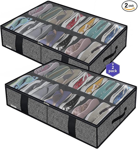 Onlyeasy 2 Pack Under Bed Shoe Storage Organizers with Handles & Clear window (Fit 14 +14 Pairs), Sturdy Underbed Box Organizer Shoe Storage Bags for Kids & Adults, Linen-like Black, MXAUBS14S14 by Onlyeasy