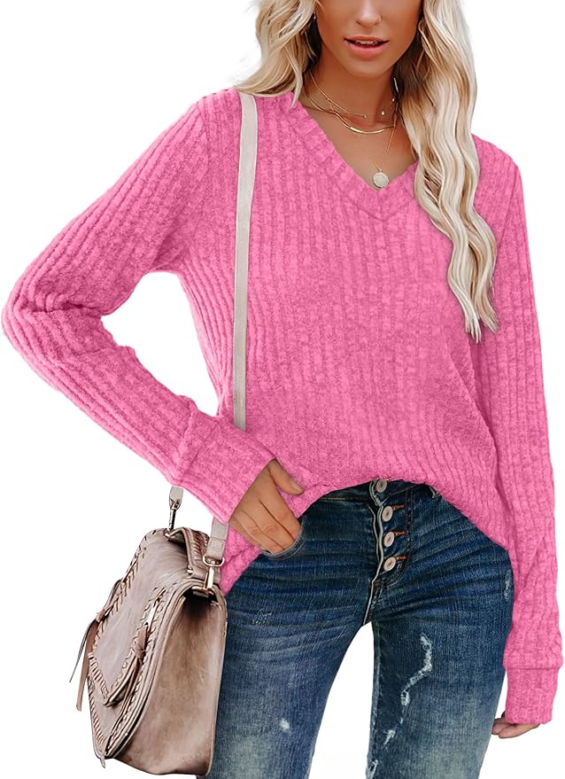 Sampeel V Neck Long Sleeve Shirts for Women Casual Fall Tops Lightweight Tunic Sweaters Fashion Clothes Loose Fit 2025