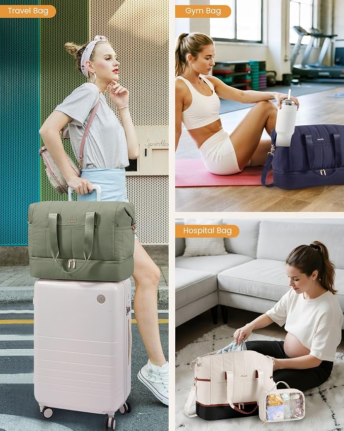 LOVEVOOK Travel Duffle Bag,Puffer Weekender Bags For Women with Shoe Compartment,42L Carry On Overnight Duffel Bag For Airplanes,Hospital Bag for Labor and Delivery,2Pcs Set - Image 7