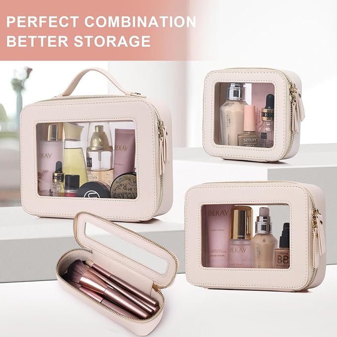 Pinkmik Clear Makeup Bag for Women Waterproof Travel Cosmetics and Toiletries Case Portable Makeup Oaganizer Bag Clear Car Bag with Zipper (Beige, M+L) - Image 7