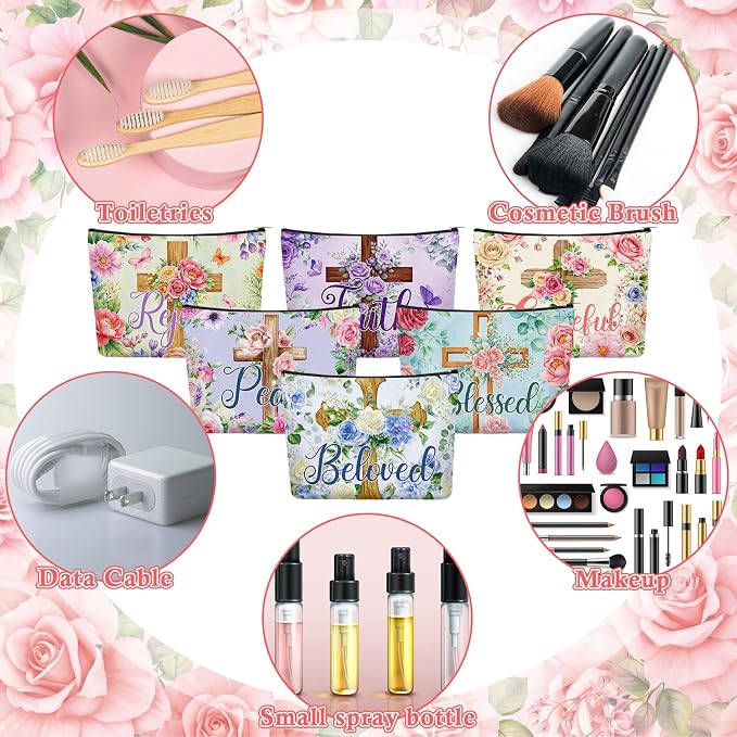 Sweetude 24 Pcs Religious Makeup Bag Bulk Christian Flower Cross Portable Travel Cosmetic Bags with Zipper Cross Waterproof Roomy Travel Toiletry Organizer Storage Beauty Pouch for Women Gifts - Image 4