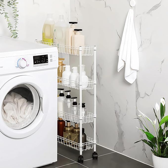 NSF white 4-layer storage rack, refrigerator crevice rack, washing machine crevice rack, laundry room dirty clothes storage, multifunctional household epoxy resin deep mesh basket - Image 8