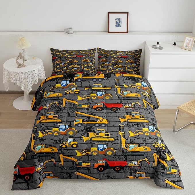 Erosebridal Excavator Comforter Set King,Tractor Construction Bedding Set for Kids Boys Teens Truck Room Decor,Cartoon Vehicle Car Bedding Comforter Construction Site Duvet Set Yellow Dark Grey 3 Pcs - Image 2