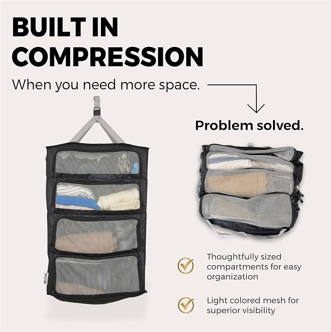 Hanging Suitcase Organizer – Instant Travel Closet with Built-In Compression | 4-Compartment Wardrobe Packing Cubes for Carry-On & Checked Luggage | Travel Essentials for Men & Women - Image 4