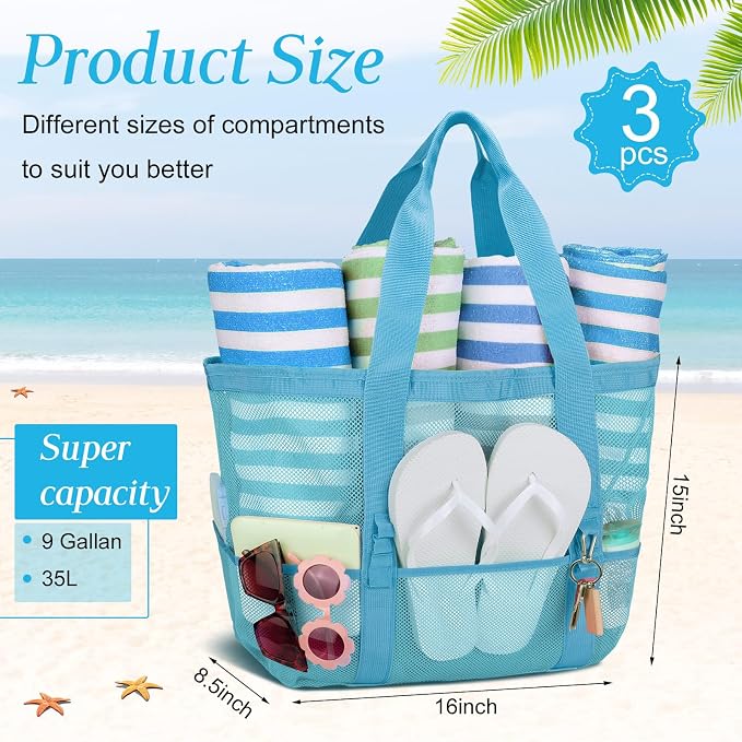 Hillban Large Beach Mesh Bags Bulk for Women Beach Tote Bag with 8 Pocket Zipper Waterproof Sandproof for Pool Cruise Ship - Image 3
