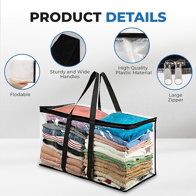 VitalUp 2 Pack Clear Large Moving Bags, Heavy Duty Storage Bags, College Totes, Storage Bins, for Organizing Blankets, Clothing for College, Dorm, Packing, Durable with Zipper and Handle 25x14x12 - Image 3