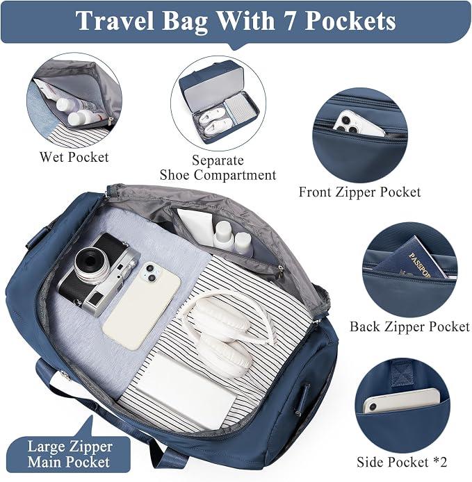 Extra Large Travel Duffle Bag,Carry on Overnight Bag with Shoes Compartment,Weekender Bags for Women for Travel Business Trips Sport Hospital,3 Pcs Set,Dark Blue - Image 5