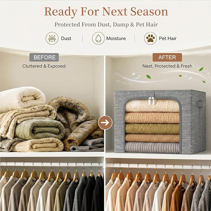 GoMaihe Clothes Storage Bin with Metal Frame: 6-Pack Stackable Closet Storage Bin with Lid & Clear Window, Sweater Boxes Storage for Closet Bedding Clothing Storage Organizer 40L - Image 6