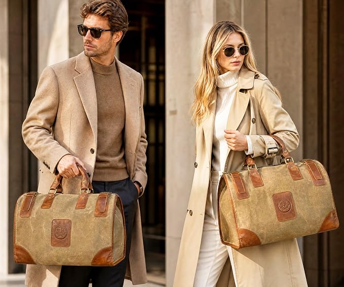 Water Resistant Canvas + Leather Travel Luggage Tote Duffle Gym Suitcase Weekender Overnight Bag For Men Male FB8151 (A-Brown) - Image 2