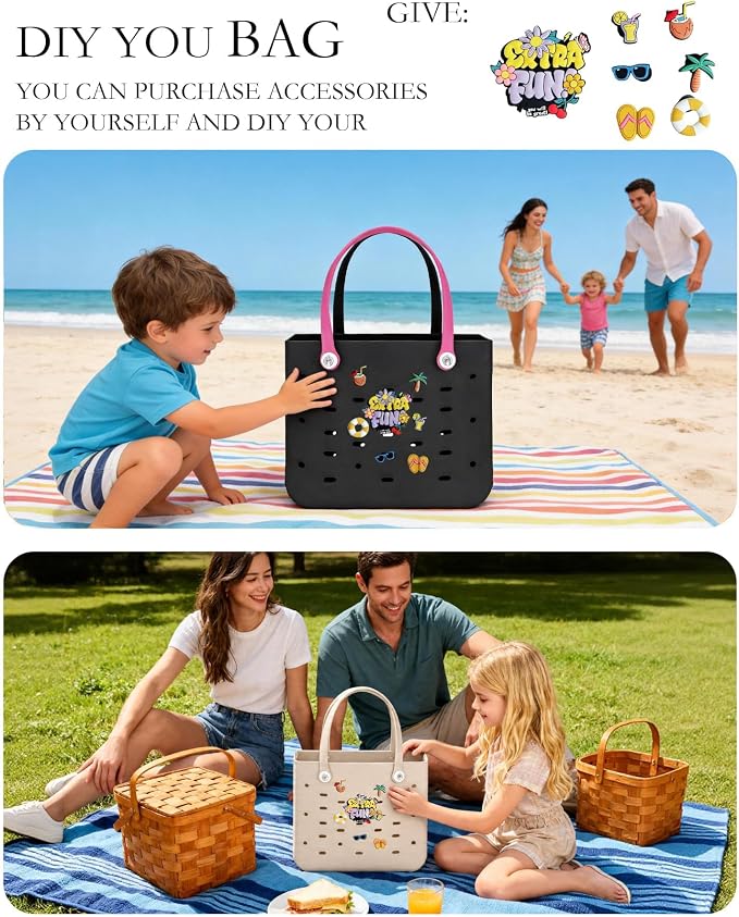 2-Pack Beach Bags Medium & Small,Waterproof Sandproof Rubber Tote Set for Women Men, Vacation Pool Boat Essentials - Image 2