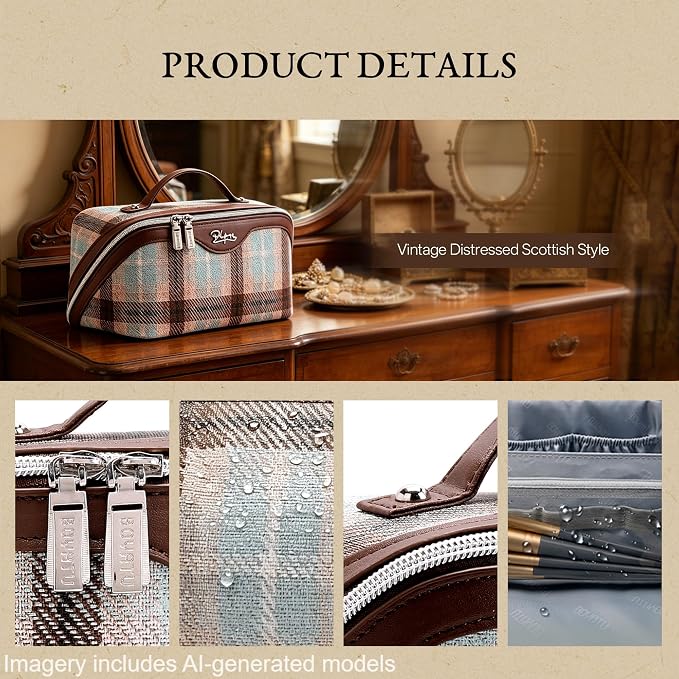 BOYATU Travel Makeup Bag for Women: Scottish Plaid 3 Pcs Set Cosmetic Organizer Bag - 180° Open Large Spacious Holds 50% More Cosmetics - Waterproof Leather Checkered Toiletry Bag (03-Beige) - Image 5