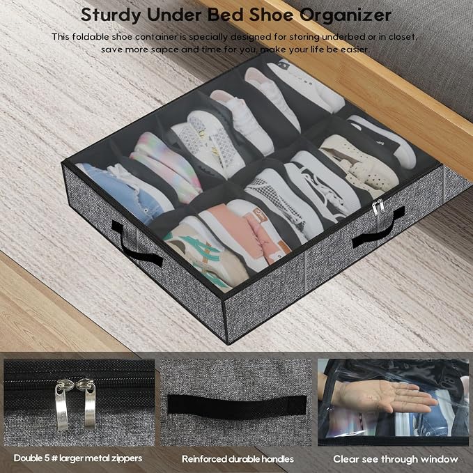 Onlyeasy Sturdy Under Bed Shoe Storage Organizer with Handles and Clear Window Fit 16 to 32 Pairs, Premium Foldable Shoes Container Box for Closet, 37.7x 23.6x 5.9 inch, Cotton-like Black, MXBUBS16P2 - Image 4