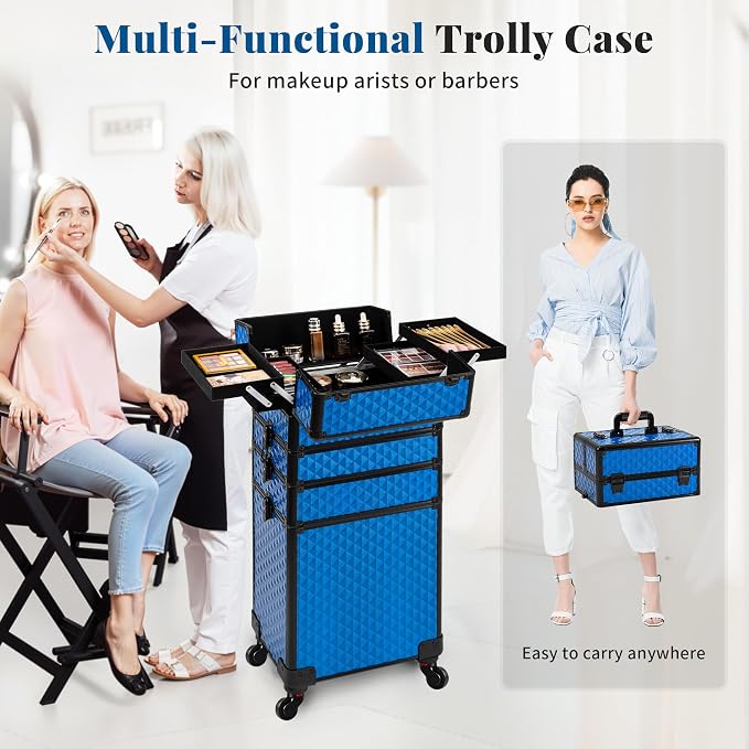 AROUS Rolling Makeup Train Case 4 in 1 Cosmetology Case on Wheels Large Storage Cosmetic Trolley with Key Salon Barber Traveling Cart Trunk, Blue - Image 6