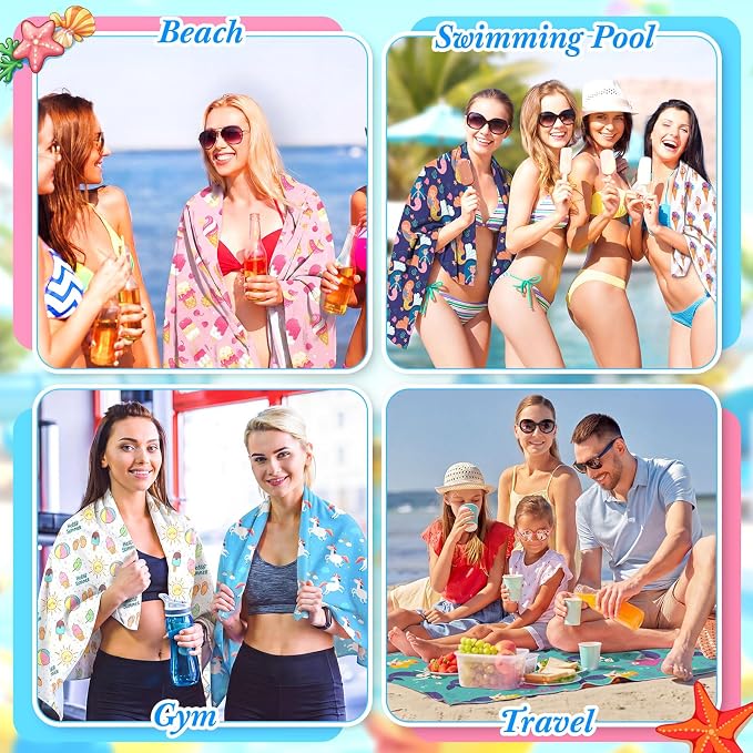 Peryiter 48 Pcs Microfiber Beach Towel with Bags Bulk, 24 Large Quick Dry Pool Towels and 24 Storage Bags, 28 x 55 Inch Ice Cream Mermaid Blanket for Beach Swimming Summer Party Camping Travel Women - Image 6