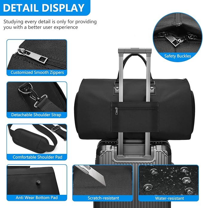 Carry-On Garment Bag for Travel, Convertible Duffel Bag for Men - 2 in 1 Large Luggage Dress Bag with Shoe Pouch - Image 5