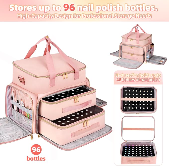 DERSTUEWE Nail Polish Organizer Case – Waterproof Travel Bag with Hard Bottom – Double Layer Nail Storage Bag with Adjustable Dividers & Nail Lamp Compartment (Pink) - Image 2