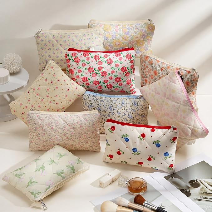 Paterr 10 Pcs Quilted Makeup Bag Bulk Cotton Floral Cosmetic Bag Women Girls Bridesmaid Gifts Cute Makeup Pouch Coquette Aesthetic Travel Toiletry Organizer(Rustic Floral,9.06 x 5.91 Inches) - Image 3