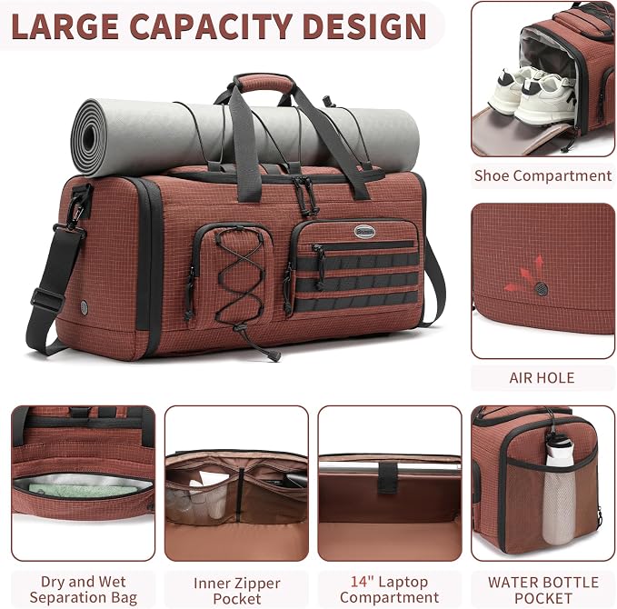 Bosstin Gym Bag for Men & Women,45L Travel Duffle Sports Duffel Bag Gym Weekender Overnight Backpack with Shoe Compartment (COFFEE CHECKERED) - Image 3