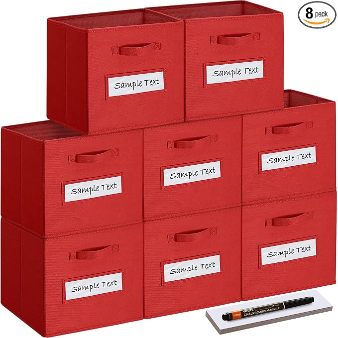 13x13x13 storage cube bins(Set of 8) Fabric storage cubes with 8 Labels Window Cards & a Pen, storage cubes 13x13, Collapsible 13 inch cube storage bins, Cubby Organizer Boxes, Red by Artsdi