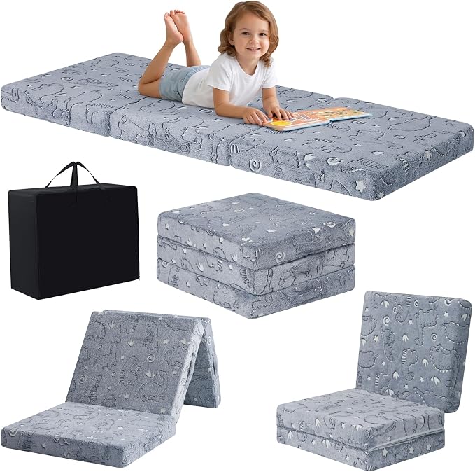 MeMoreCool Glow Dinosaur Kids Foldable Floor Mattress Trifold, 57x22 Inch | Glow dinosaur trifold futon for daycare, playroom, camping and travel rest by MeMoreCool