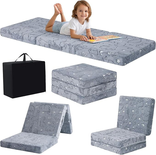 MeMoreCool Glow Dinosaur Kids Foldable Floor Mattress Trifold, 57x22 Inch | Glow dinosaur trifold futon for daycare, playroom, camping and travel rest by MeMoreCool