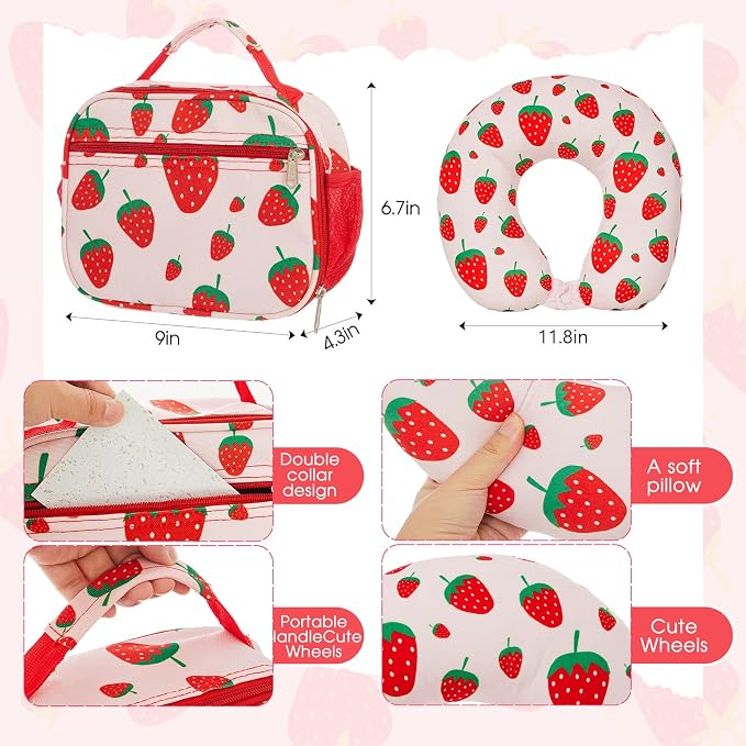 Redbaker 6 Pcs Kids Luggage Set, 17 Inch Rolling Suitcase with Backpack Lunch Bag Neck Pillow, Pink Strawberry Travel Set for Summer Vacation Sleepover Back to School Gift - Image 5
