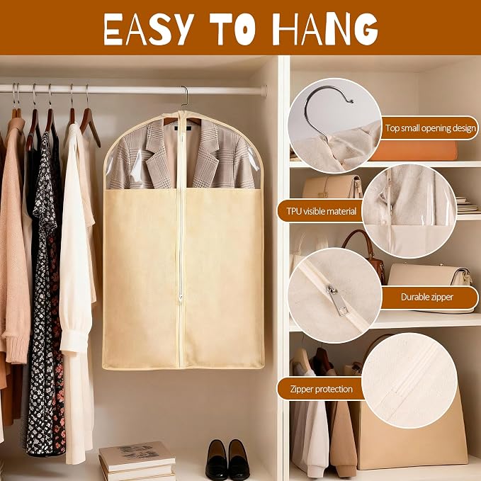 4 Pack 24 x 40 Inches Cotton Garment Bags for Hanging Clothes, Suit Bags for Clothes Coats Jackets Shirts Closet Storage Travel, Garment Covers with Clear Window - Image 3