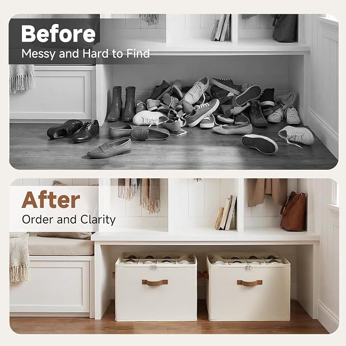 StorageWorks Shoe Organizer for Closet, Shoe Storage Cubby Containers with Adjustable Dividers and Clear Cover, Fits up to 16 Pairs, Foldable Shoe Storage Box for Closet, Entryway, Beige - Image 8