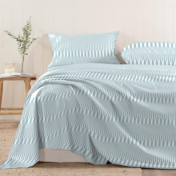 Pizuna Pure 100% Cotton Flat Sheets Only Queen Blue Cascade Stripe (1 PC), Luxurious 400 Thread Count Long Staple Cotton Sateen with 4" Hem (Combed Queen Flat Sheet Only Cotton) by Pizuna