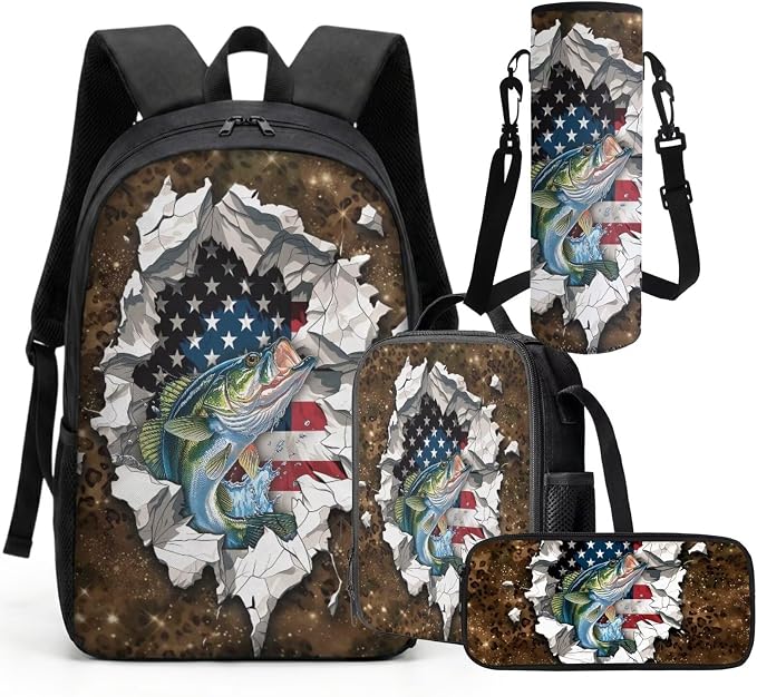 GIFTPUZZ 4 in 1 Hunting Camo Fish American Flag Kids Backpack Set | Patriotic School Bookbag with Lunch Box for Elementary Boys, Zippered Pencil Pouch, Water Bottle Holder, Travel, Ages 6-8 - Image 8
