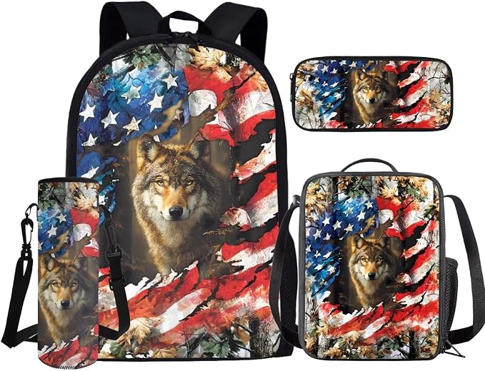 GIFTPUZZ Wolf American Flag Backpack 17 Inch Set Boys | Camo 4-Piece Set, Lunch Box, Water Bottle Sleeve, Back to School Book Bags, Ages 8-10 - Image 2