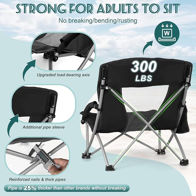 HaSteeL Low Beach Chairs for Adults, Lightweight Camping Folding Chair with Carrying Bag, Portable for Outdoors Lawn Backyard Patio RV Trip Fishing Sport Tailgating, Support 300LBS, Black, 2 Pack - Image 3